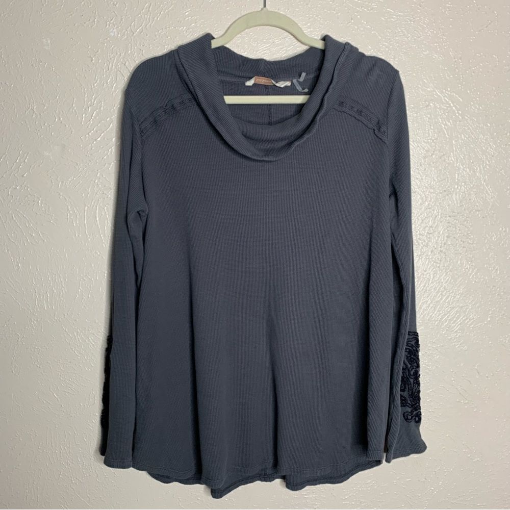 Soft Surroundings waffle knit‎ embroidered cowl neck long sleeve gray